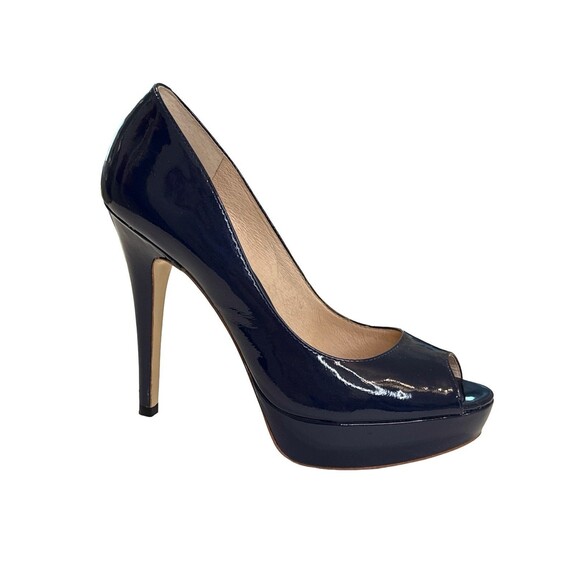Pour La Victoire Women’s 8M Navy Blue Patent Leather Peep Toe Platform Heels - Picture 1 of 8